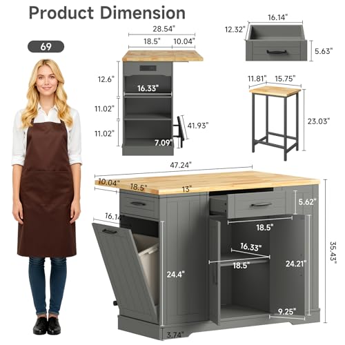 47" Kitchen Island with Seating, Stationary Island Table with Storage Include 2 Chairs, Kitchen Islands with Drop Leaf, Dining Table with Trash Cabinet & Power Outlet & Spice Rack, Grey - color: Grey
