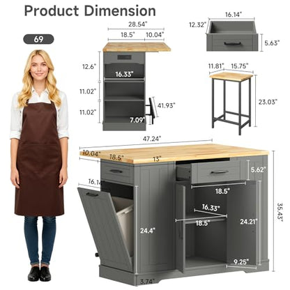 47" Kitchen Island with Seating, Stationary Island Table with Storage Include 2 Chairs, Kitchen Islands with Drop Leaf, Dining Table with Trash Cabinet & Power Outlet & Spice Rack, Grey - color: Grey