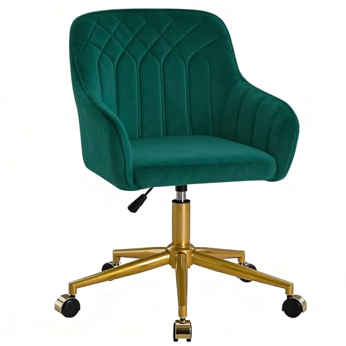 VECELO Modern Velvet Swivel Home Office Desk Chair with Back & Rolling Wheels, Adjustable Seat Height for Girls Women Bed Room Vanity Makeup/Task/Computer Work, Green - color: Green