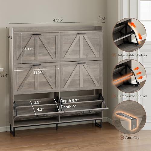 BORNOON Shoe Cabinet with 6 Flip Drawers Narrow Shoe Storage Cabinet Organizer Wooden Freestanding Shoe Rack Hidden Slim Shoes Storage Cabinet for Entryway, Hallway, Living Room, Bedroom - color: Grey, size: 6-Drawer