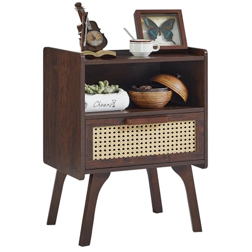 Lerliuo Rattan Nightstand, Bedside Table with Drawer Open Shelf | Cane Accent Side End Table with Solid Wood Legs, Walnut Vintage Night Stand for Bedroom, Dorm and Small Spaces - color: Walnut, size: 1 pack