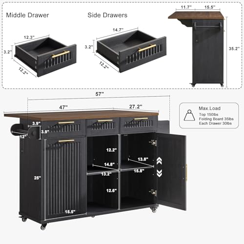 Okvnbjk 57" Rolling Kitchen Island with Storage & Drop Leaf, Black | Mobile Island with Trash Can Storage Cabinet, Power Outlet, Large Island Cart on Wheels with Spice & Towel Rack, Knife Holder - color: Black