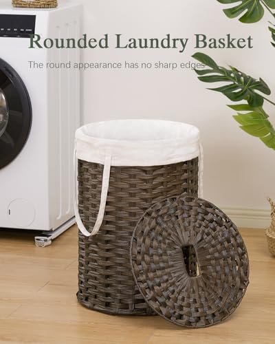 SETVSON Laundry Hamper with Lid, 19.0 Gal (72 L) Round PE Rattan, Brown | 72L Woven Hamper with Lid, Removable Washable Liner Bag, 2 Mesh Laundry Bags, Strong Steel Frame, Foldable Long Handles - color: Brown, size: 72 L