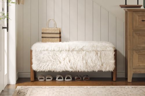 Modern Storage Benches with Walnut Wood Legs, 47'' Ottoman Bench with 20 Gallons Storage Space for Bedroom End of Bed, Faux Fur Fabric Upholstered Entryway Bench, Beige - color: Faux Fur-beige