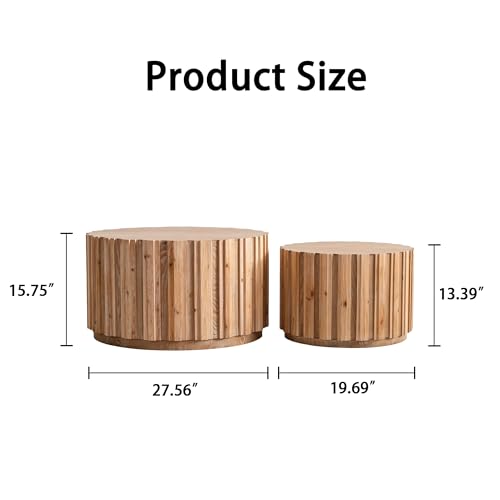 WILLIAMPSACE Round Nesting Coffee Table Set of 2, Rustic Farmhouse Wooden Drum Center Tables with Vertical Slatted Body, Tea Table for Living Room Apartment, No Assembly (19.7"+27.5", Natural) - color: 19.7"+27.5", Natural
