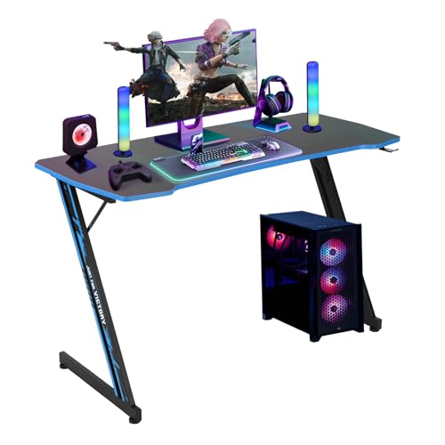 Dkelincs 47 inch Gaming Desk Z-Shaped Computer Desk PC Computer Table Home Office Desk Ergonomic Gamer Workstation with Headphone Hook, Blue - color: Blue, size: 47 Inch