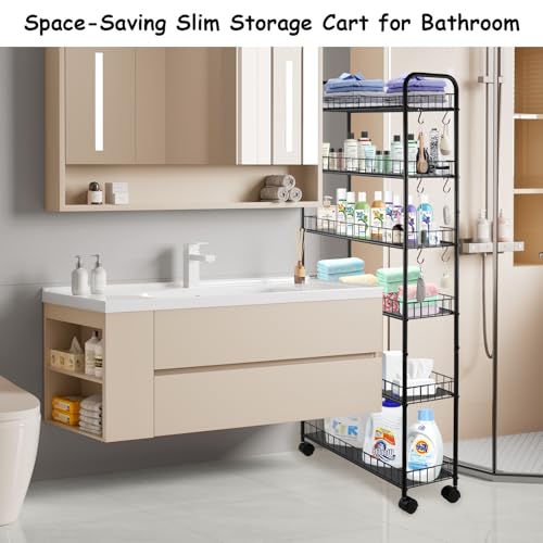 6 Tier Rolling Storage Cart on Wheels, Slim Tall Narrow Storage Shelf for Small Spaces, Metal Utility Cart Freestanding Mobile Shelving Rack with Wheels for Kitchen, Bathroom, Laundry Room - size: 10 in Wide