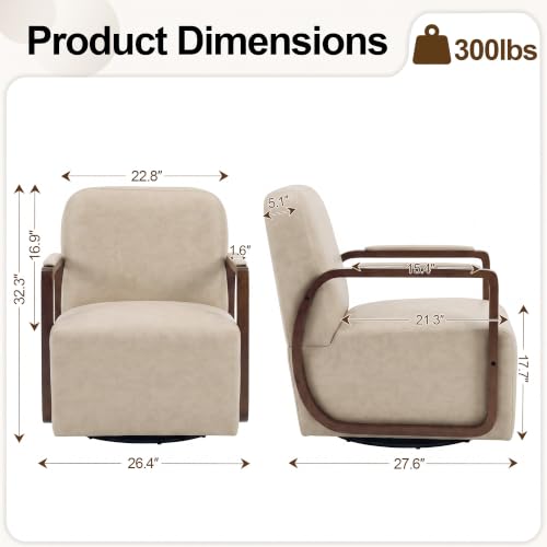 Faux Leather 360° Swivel Barrel Accent Chair, Upholstered Mid Century Modern Reading Lounge Chair with Wooden Armrests & Solid Rotating Metal Base for Living Room Bedroom, Cream Beige - color: Cream Beige, size: 1 Pack