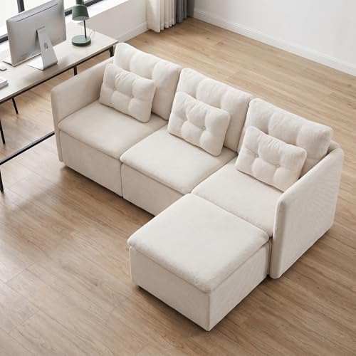 HNY 82.5" Modern L-Shaped Sectional Sofa, Beige | 3-Seat Button Tufted Modular Couch, Chenille Fabric With Pillow & Ottoman, Comfortable Deep Seat for Living Room, Apartment - color: Beige, size: 3 Seater-L Shape