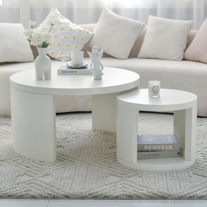 Round Nesting Coffee Table Set of 2, 31.5 & 18 in, Textured White | White nesting coffee table, round coffee tables for living room, 2 in 1 nesting tables, rounded edges, space-saving design - color: Textured White