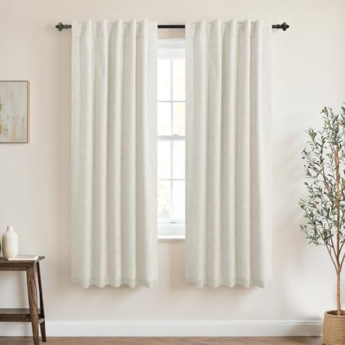 KOUFALL Linen Blackout Curtains 60 Inch Length, 2 Panels Set 5FT 5 FT Long Boho Black Out Curtains for Bedroom - color: Cream Beige, size: 42"W x 60"L (Pack of 2)
