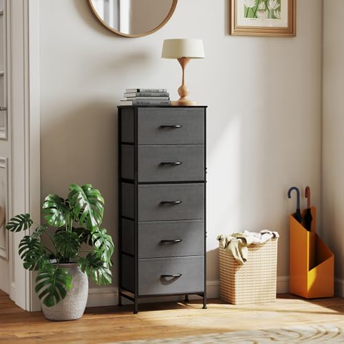 DUMOS Nightstand with 5 Drawers, Bedside Table with Removable Fabric Bins, Sturdy Steel Frame Wood Skinny Dresser Furniture for Bedroom Closet Living Room, Grey - color: Grey, size: 15.7"D x 11.8"W x 47.7"H (5 Drawers)