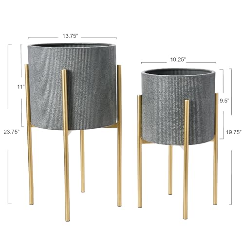 Main + Mesa Modern Boho Embossed Metal Planters with Stands, Charcoal Grey and Gold, Set of 2 Sizes - color: Grey/Gold