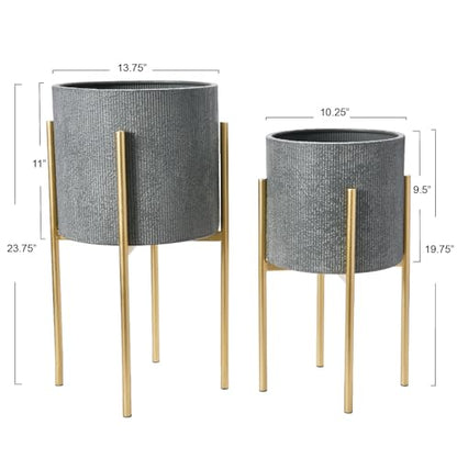 Main + Mesa Modern Boho Embossed Metal Planters with Stands, Charcoal Grey and Gold, Set of 2 Sizes - color: Grey/Gold