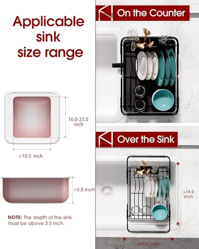 Sakugi Dish Drying Rack in Sink - Expandable Stainless Steel Dish Rack Over The Sink, Kitchen Sink Drain Strainer with Cutlery Holder & Cup Holders, 15.2 x 10.0 x 4.2 Inch, Black - color: Black, size: With Drainboard - 15.2" x 10" x 4.2"