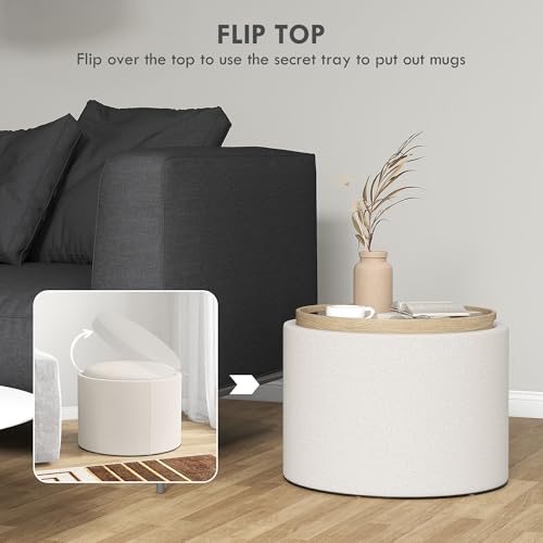 HOMCOM Round Storage Ottoman with Flip Top Tray, Footstool, Cream White | Upholstered Fabric, Small Coffee Table, Hidden Compartment, Accent Vanity Stool, Living Room