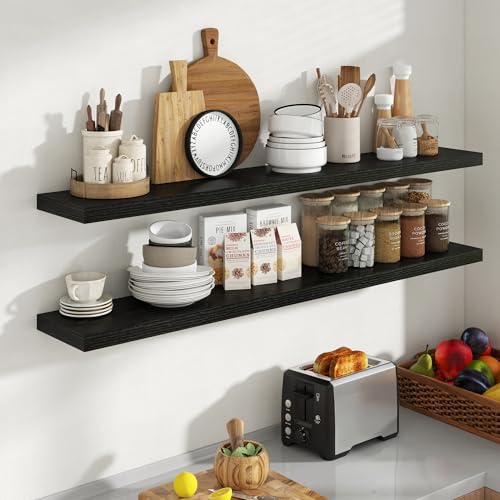 Acovy 55 Inch Floating Shelves, 8 Inch Deep Floating Shelves for Wall, Hanging Shelf with Invisible Brackets, Deep Shelves for Bathroom, Bedroom, Living Room, Black, Set of 2 - color: Black, size: 8"Wx55"L-2pcs