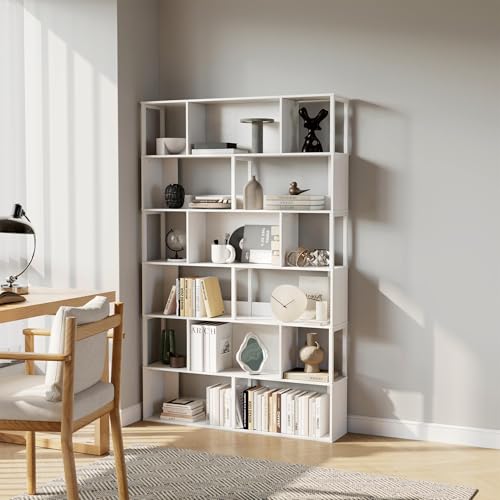 Garvee 6-Tier Bookshelf, Tall Geometric Bookcase, Modern Room Divider & Display Shelf with Anti-Tipping Devices, Mid Century Bookshelf for Living Room - color: White, style: 6-tier
