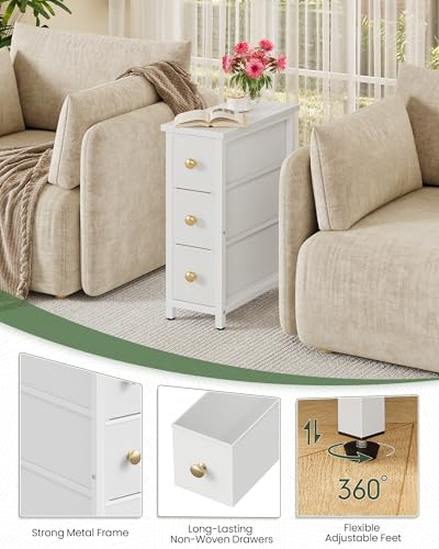 Narrow Side Table with 3 Fabric Drawers, Industrial Slim Bedside Table for Small Spaces, Bedroom, Living Room, Dormitory, White TBZ09WB - color: White