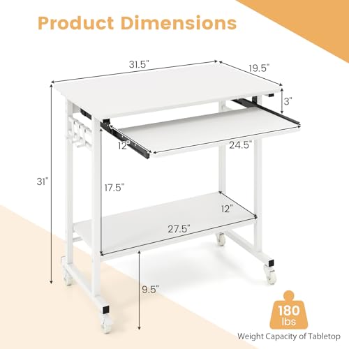 GIANTEX Rolling Computer Desk, Mobile Portable Desk with Keyboard Tray & Wheels, Laptop PC Table Cart with Shelf & Hooks, Industrial Small Desk for Small Spaces, Home Office, Bedroom, White - color: White