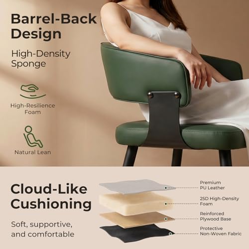 Dining Chairs Set of 2, Modern Upholstered Faux Leather Kitchen Chairs with Curved Back, Easy to Assemble & Clean for Dining Room, Restaurant, Cafe, Green | Faux Leather Upholstery, Curved Back, Metal Legs, Easy Clean, Dining Room, Kitchen, Breakfast Nook
