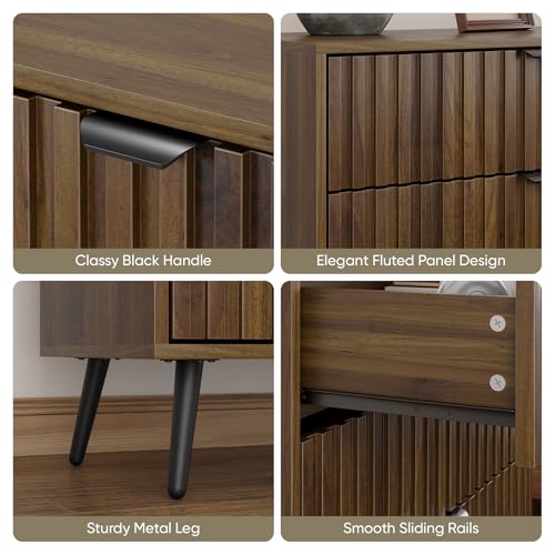 Smart FENDEE Fluted 6 Drawers Dressers, 47.24" W Chest of Drawers, Mid- Century Modern Wooden Dresser TV Stand Drawer Storage Organizer for Bedroom, Living Room, Hallway, Entryway, Walnut
