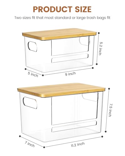 Trash Bag Dispenser 2 Pack, Stackable Trash Bag Holder with Bamboo Lid – Clear Plastic Garbage Bag Organizer for 4-33 Gal Bags, Space-Saving Under Sink Organizer for Kitchen, Laundry, Pantry - size: XL+S
