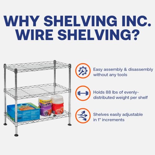 Shelving Inc. 8" d x 18" w x 18" h 3-Tier Chrome Wire Shelving, Everyday Shelving, Weight Capacity 88 lbs Per Shelf - size: 8" d x 18" w x 18" h