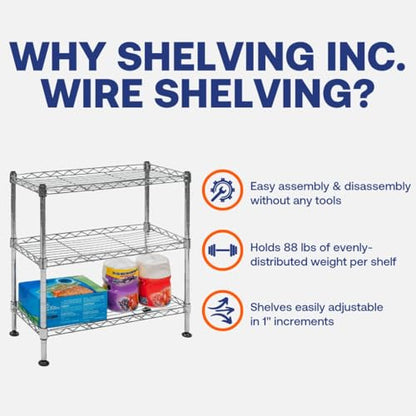 Shelving Inc. 8" d x 18" w x 18" h 3-Tier Chrome Wire Shelving, Everyday Shelving, Weight Capacity 88 lbs Per Shelf - size: 8" d x 18" w x 18" h