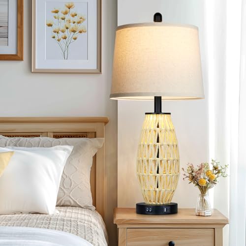 CINSARY 27“ Beige Boho Rattan Table Lamps with Night Light, Natural Bedroom Lamps Set of 2 with USB A+C Charging Ports, Rustic Farmhouse Woven Wicker Bedside Nightstand Lamp for Living Room End Tab - color: Beige and Black