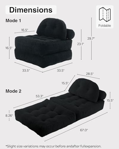 Folding Sofa Bed with Pillow Convertible Sleeper Chair Boneless Foldable Couch Comfy Floor Sofa Lounge Couch Bed for Living Room, Bedroom, Apartment, Black - color: Black