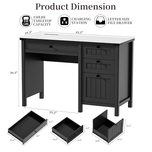 45" Executive Desk Home Office Desk with File Drawer & Cabinet | Farmhouse Computer Desk with Charging Station for Work Study Writing Cabinet Storage Workspace Black - color: Black, size: 45"