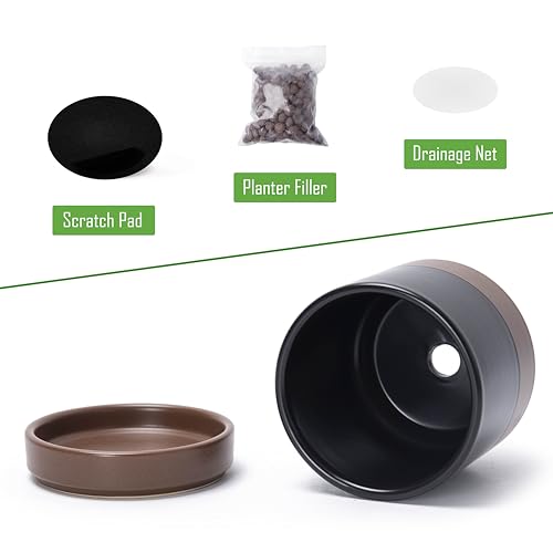 D'vine Dev 2-Pack Ceramic Pots with Saucers, Black/Tan, 4.7 in, 94-V-B-7 | Modern Cylinder Design, Glazed Ceramic, Drainage Hole & Saucer Included, High Temperature Fired, Elegant Home Accent - color: Black/Speckled Tan, size: 4.7 Inch