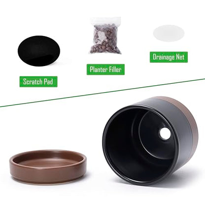 D'vine Dev 2-Pack Ceramic Pots with Saucers, Black/Tan, 4.7 in, 94-V-B-7 | Modern Cylinder Design, Glazed Ceramic, Drainage Hole & Saucer Included, High Temperature Fired, Elegant Home Accent - color: Black/Speckled Tan, size: 4.7 Inch