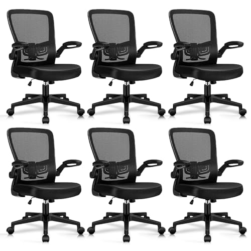 Desk Chairs with Wheels, Ergonomic Mesh Office Chair Adjustable Height and Swivel Lumbar Support Home Office Chair with Flip Up Armrests, Set of 6 - color: Black, size: 6PK