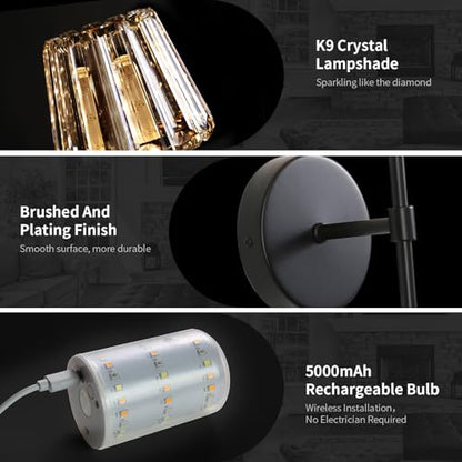 Battery Operated Crystal Wall Sconce Set of 2, Black Rechargeable Wireless Wall Sconces with Remote Dimmable 12 Colors Modes Led Wall Lights, Wall Lamp for Bedroom Living Room Hallway 2 Bulbs Included - color: Black