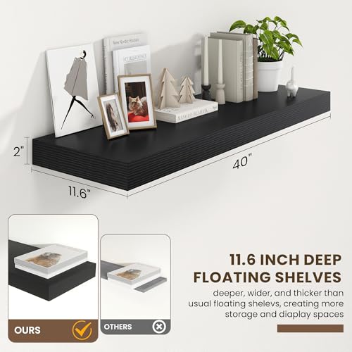 40 Inch Floating Shelves, 12'' Deep Black Shelves for Wall Set of 2 | Invisible Brackets, Engineered Wood, Mounting Hardware Included, 55LBS, Bathroom, Laundry Room, Kitchen, Living Room - color: Black, size: 40W x 11.6D x 2H, 2 Pack