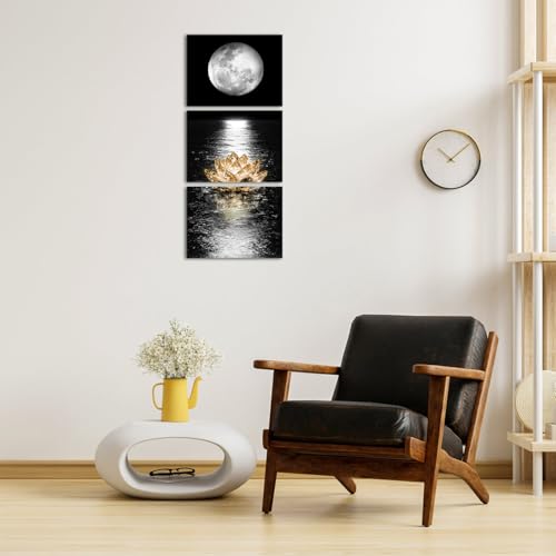 Artmyharbor 3 Pieces Vertical Black White Full Moon Wall Art | 12x16 Inches, Golden Lotus Moon Phase Landscape Print, Bedroom Office Apartment Decor