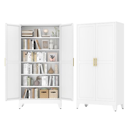 GAIOUS 79" Tall New Update Kitchen Pantry Cabinet, Metal Storage Cabinet | with 2 Doors and 5 Adjustable Shelves, Steel Cupboard for Kitchen Dining Bathroom Bedroom, White, Freestanding, Wider Deeper - color: White, size: 19.7"D x 39.4"W x 78.7"H