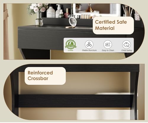 White Small Vanity Desk with Mirror and 3 Adjustable Light Modes | Dimmable Lighting, Multi Storage Area, Quick Assembly, CARB P2 Certified Material - color: Black