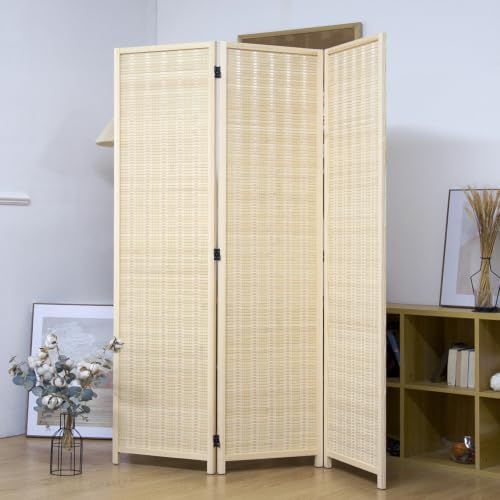 3 Panel Bamboo Room Divider for Home & Office, 5.6 ft Tall Folding Partition Wall in Natural Beige, Double-Sided Privacy Screen for Room Separation (67" H x 46" W) - color: Beige, size: 3 Panel