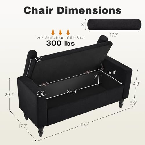 End of Bed Bench for Bedroom, 45.7" Linen Storage Ottoman Bench with Removable Pillows, Upholstered Entryway Bench with Solid Wood Legs, Storage Cabinet for Bedroom, Living Room, Entryway, Black - color: Black