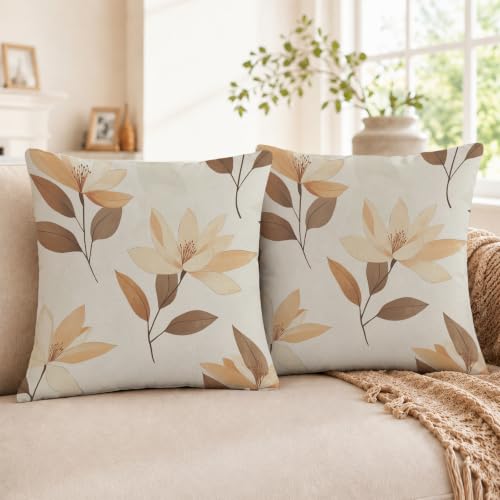 Floral 18x18 Throw Pillow Covers Set of 2, Decorative Vintage Floral Cushion Cases for Couch Sofa Bed, Morandi Peach Orange Nordic Linen Pillowcases Modern Home Decor Magnolia Flower-06 - color: Magnolia Flower-06
