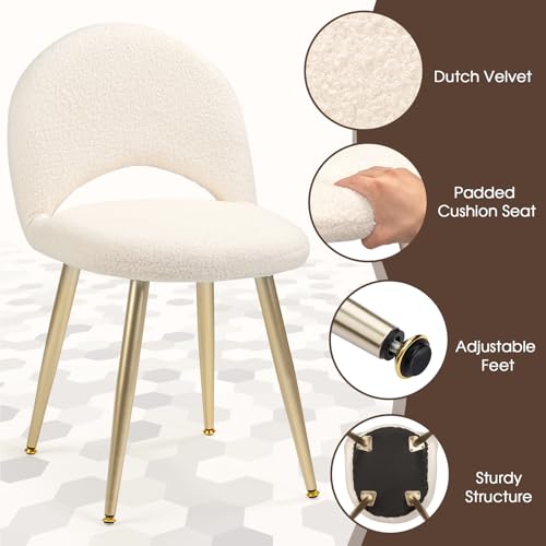 Vanity Chair with Adjustable Backrest, White Sherpa Vanity Stool | Upholstery Amless Makeup Stool, Boucle with Gold Metal Legs for Bedroom Living Room Kitchen Dinning Room (Off White) - color: Gold Sherpa White