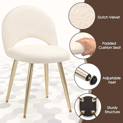 Vanity Chair with Adjustable Backrest, White Sherpa Vanity Stool | Upholstery Amless Makeup Stool, Boucle with Gold Metal Legs for Bedroom Living Room Kitchen Dinning Room (Off White) - color: Gold Sherpa White