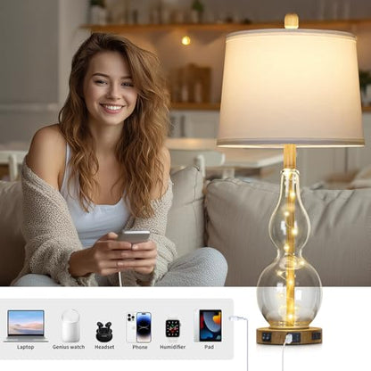 Rinweey 27.5" Clear Glass Table Lamp Set of 2 with Night Light,Bedside Lamps with USB Ports and AC Outlet, Modern Nightstand Lamps Retro Farmhouse lamp for Bedroom Living Room - color: Brown