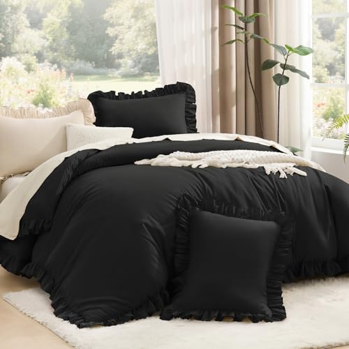 Litanika Full Comforter Set, 3 Pieces Black Ruffle Bedding Set | Farmhouse Shabby Chic Aesthetic Soft Fluffy Lightweight Breathable Bed Set for Girls Women Room Decor Gift All Season - color: 11 - Black, size: Full (79"x90")