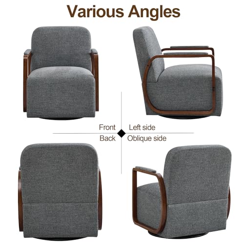 32" Chenille Upholstered Swivel Accent Chair, 360° Rotating Metal Base Modern Lounge Chair with Wooden Armrests for Living Room Bedroom, Grey - color: Grey, size: 1 Pack