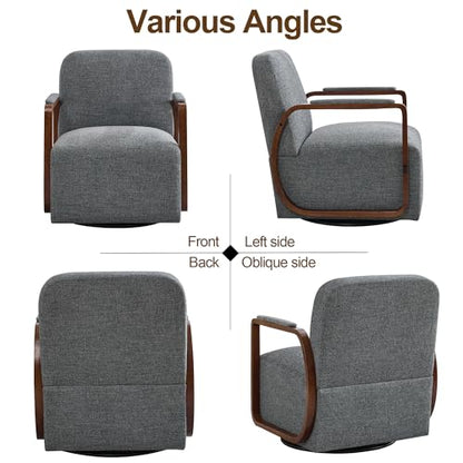 32" Chenille Upholstered Swivel Accent Chair, 360° Rotating Metal Base Modern Lounge Chair with Wooden Armrests for Living Room Bedroom, Grey - color: Grey, size: 1 Pack