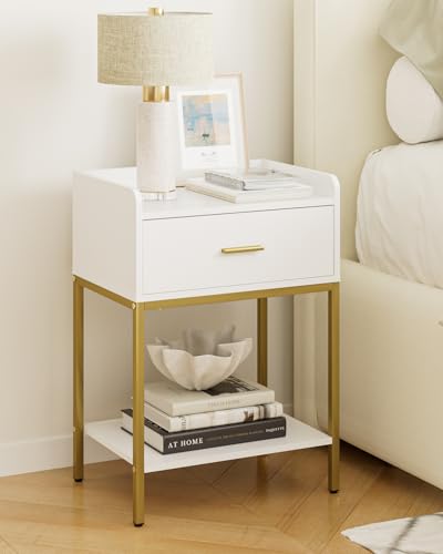 Masupu Nightstand,3-Tier Modern Bedside Night Stand with Storage Drawer and Shelf,Small End Side Table for Bedroom,Living Room,White (Without Outlet, White) - color: White Without Outlet